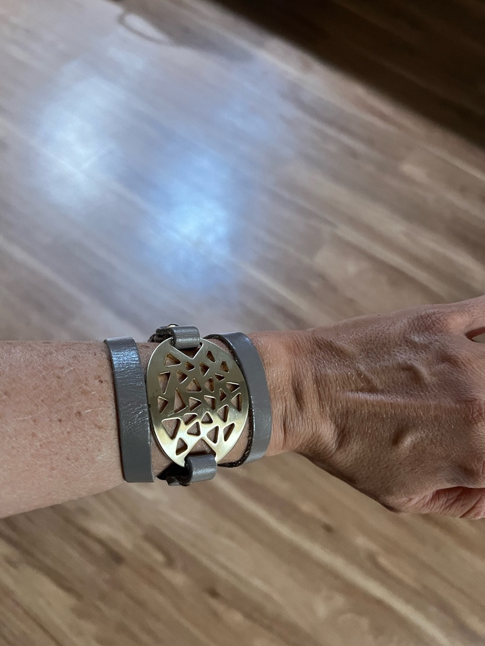 Taupe/Light Gray Leather Wrap Bracelet with Gold Cutout Accent